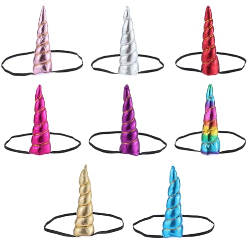 GORGECRAFT 8 Stück 8 Farben Einhorn Horn Stirnbänder Bunter Stoff Metallisch Glänzend Einhörner Hörner Ohrenelastisch Cosplay Kostüm Kopfbedeckung Für Geburtstag Osterparty Kopfbedeckung Haarschmuck