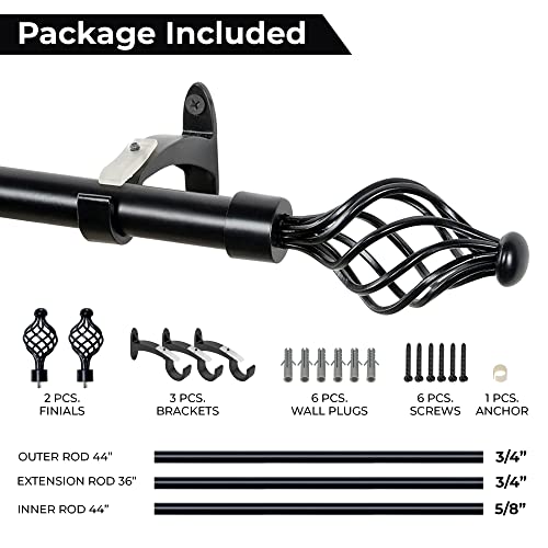Image of Deco Essential 66 inch-120 inch Extendable Curtain Rod For Door & Windows Adjustable Length Heavy Duty Iron Telescopic Drapery Pole With Swirl Finials (3 /4 inch Diameter, Black Matt)