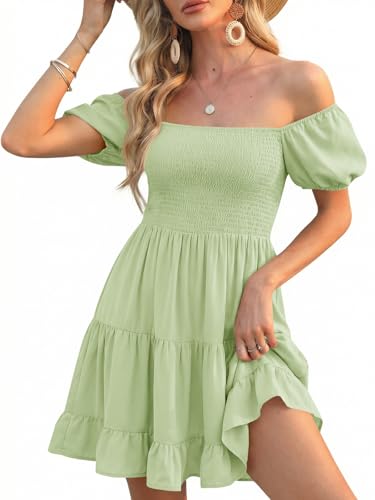 Image of Veatzaer Women's Puff Sleeve Square Neck Smocked Babydoll Dress Boho Floral Print Off Shoulder Ruffle Mini Short Dress