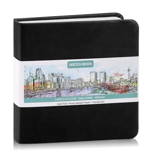 Prudiut Hardcover Pocket Sketchbook 5 x 5 Square Mini Sketchbook 98lb/160gsm Heavyweight Tiny Sketch Book 80 Sheets Small Travel Drawing Journal for Adults Artist Ideal for Gift (Black)