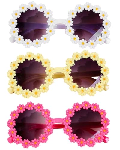 TPZORJX 3PCS Gänseblümchen Sonnenbrille,blumen sonnenbrille,Klassische Daisy Runde Sonnenbrille,blumenbrille,Party Brille,Hippie Sonnenbrille,Sonnenbrillen Damen,Sonnenbrille Kinder,Hippie Brille