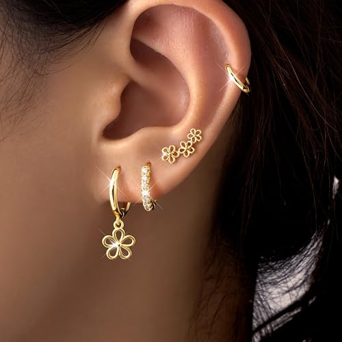 Image of Small Gold Huggie Hoop Earrings Set for Women Men Hypoallergenic 14K Plated Stack Cartilage Earrings, Sterling Silver Multiple Piercing Lightweight Mini Thin Cute Dainty Trendy Jewelry Gifts for Women