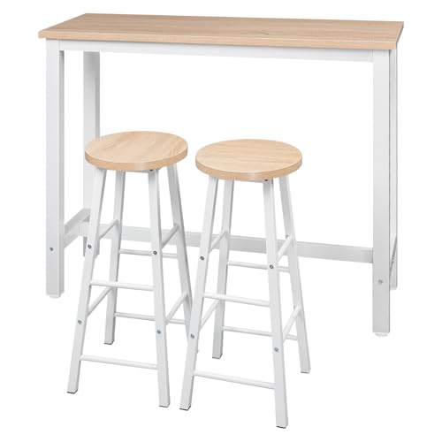 WOLTU Mesa Alta de Barra Cocina, Mesa Bar con 2 Taburetes de Bar, Juego de Comedor para Bar, Comedor, Isla Cocina, Taburetes Redondos, Estructura de Metal, Diseño Industrial, Roble Claro
