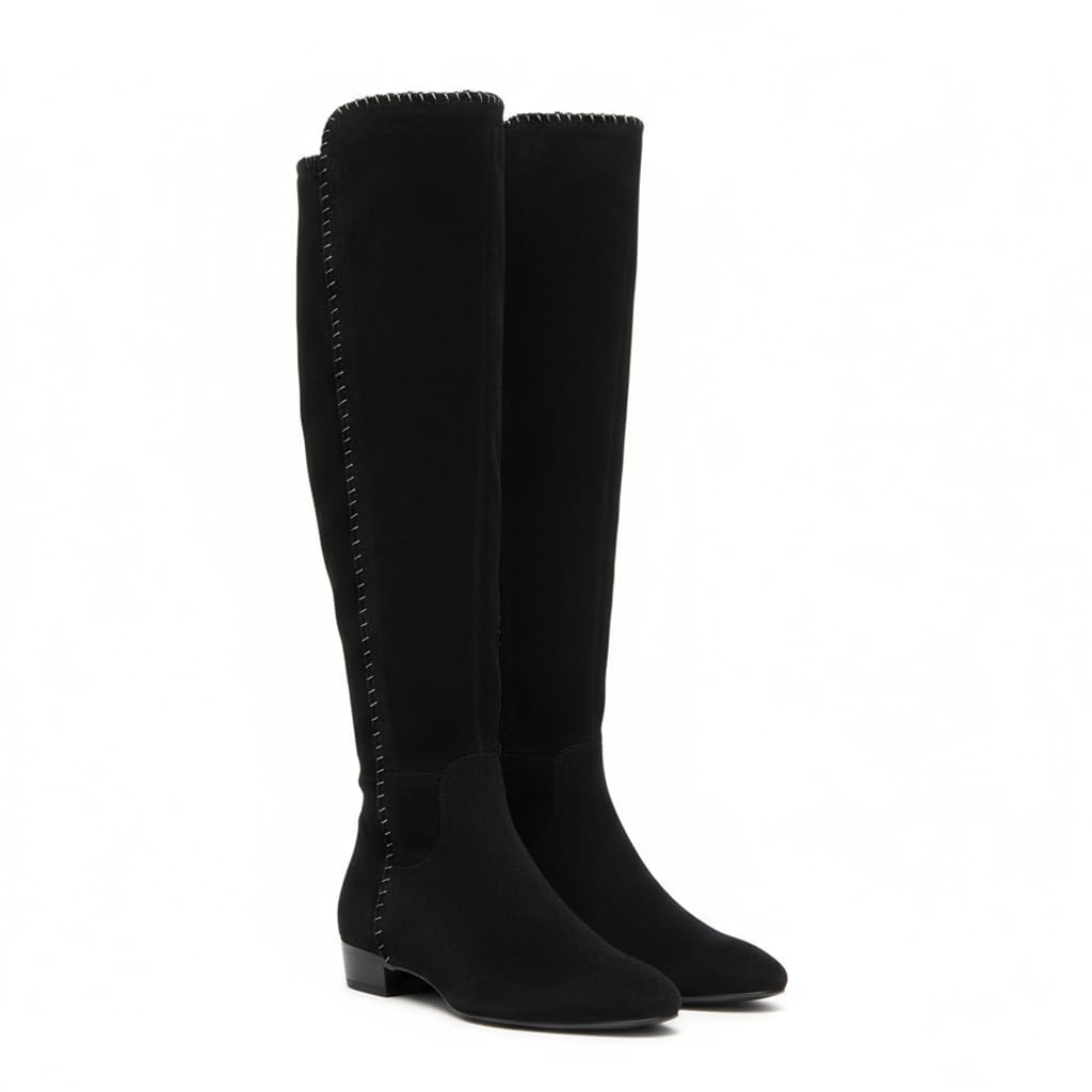 Womens Suede Wedge Mid-Calf Boots Elegant Pointed Toe Warm Low Heel Non-Slip Autumn And Winter Riding Boots