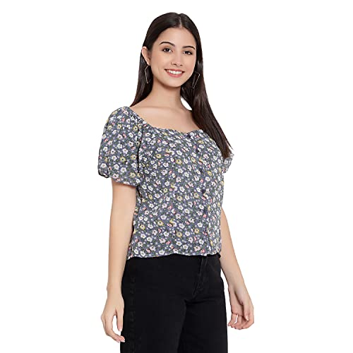 Image of FNOCKS Women Button Closure Short Sleeves Floral Printed Tops /Georgette Fabric