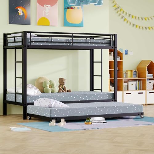 YEHTOKHOME Moderne Lit superposé en métal 90x200cm avec échelle et Garde-Corps,Multifonctionnel avec lit gigogne(sans Matelas) (Noir)