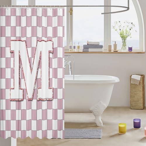 Image of Erosebridal Pink Initial M Bathroom Curtain Kawaii Plaid Checkered Shower Curtain 72 inch Wx78 L Cute Personalized Monogram Bathroom Accessories for Kids Girls,Fashion Grids Gingham Shower Decor
