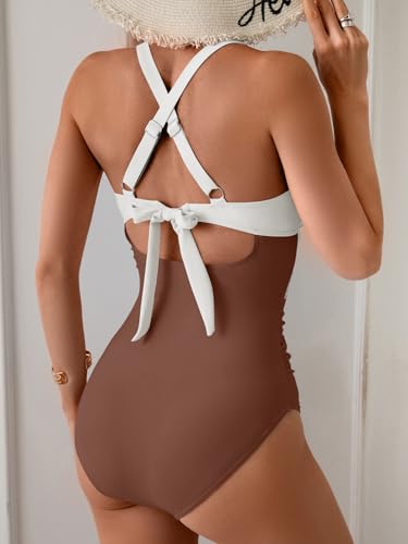 Image of B2prity Women's One Piece Swimsuit Tummy Control High Waisted Bathing Suit | Color Block,Removable Soft Cups,Cutout,V neck,Full Coverage,Adjustable Criss Cross Straps,Tie Back