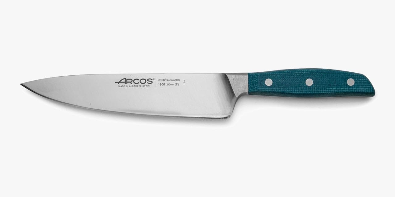 Arcos Serie Brooklyn, Coltello da Chef Coltello da Cucina, Acciaio Inossidabile Forgiato NITRUM 210 mm, Manico Micarta, Colore Blu (Filo Seta)