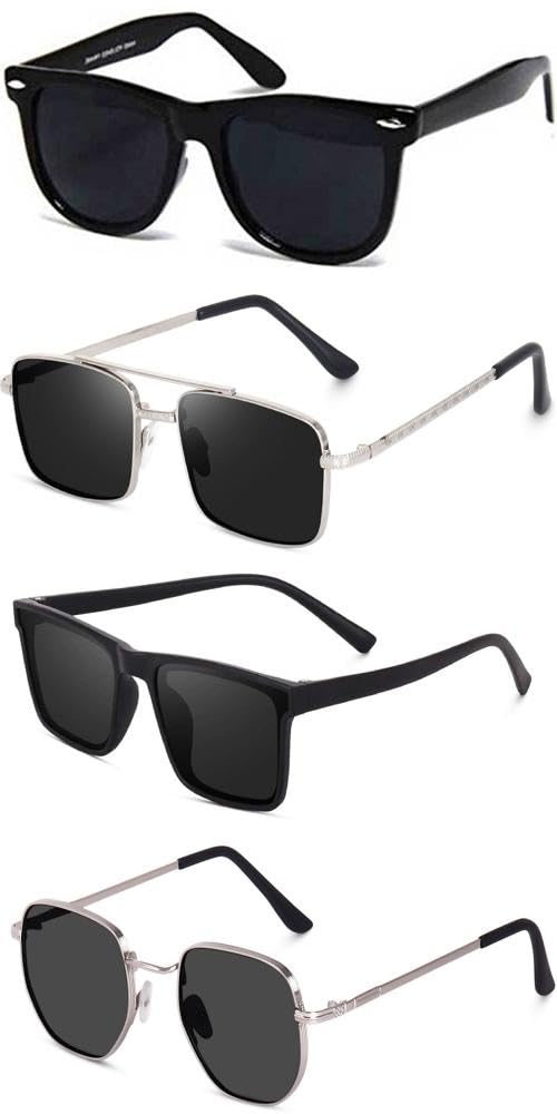 Unisex Non-Polarized Sunglasses Set of 4, Classic Square and Rectangular Frames, Eye Protection, Black and Silver, 55