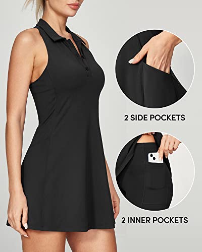 Iuga Tennis Dress For Women, Golf Workout Dresses With Shorts Underneath Built-In Bra Exercise Athletic Dress With Pockets Black #TOP1