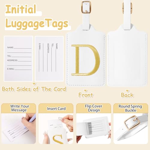 Image of Initial Letter Luggage Tags for Suitcases, Embroidered Monogrammed Suitcase Luggage Identifier Name Tag, PU Leather TSA Approved Luggage Tags, Bag Tags for Men Women Kids Luggage Handbags(White D)