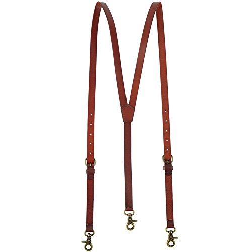 Men s Reddish Brown Shiny Genuine Leather Suspenders, Steampunk Style Y back Adjustable Belt Loop, 3 Snap Hooks