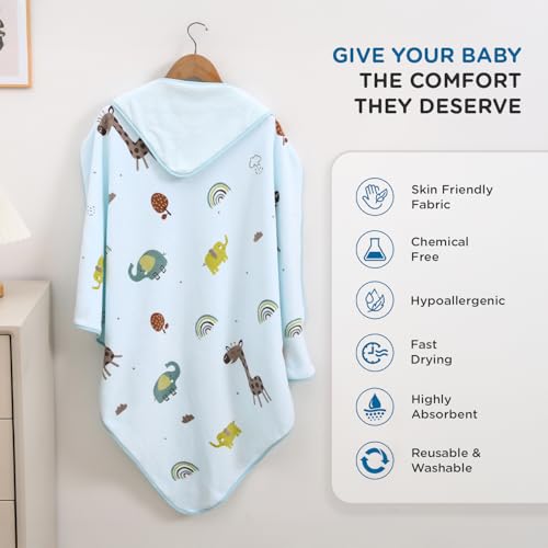 Image of Mee Mee Hooded Baby Bath Towel for New Born | Wash Cloth, Quick Absorbent, Used for Baby Swaddling, Extra Soft Cotton Towels for Kids /Toddlers /Infants /Babies, Pack of 1, (Blue Deer /Elephant) 80X80 CM