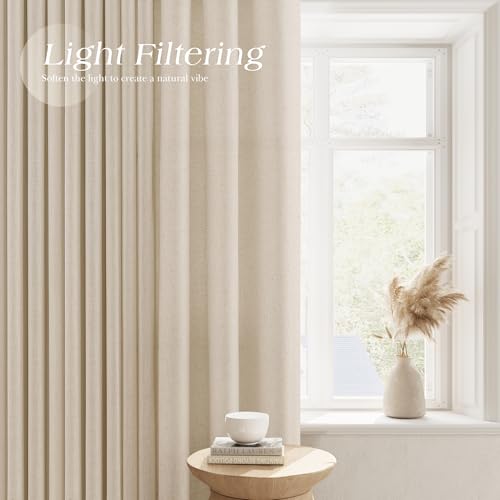 Image of Birch Beige Linen Curtains 84 Inches Long for Living Room Grommet Top Luxury Light Filtering Semi Sheer Curtain Modern Farmhouse Decor Elegant Coastal Sheer Drapes for Bedroom Office 52x84, 2 Panel