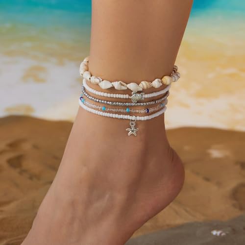 Image of Qceasiy Bead Ankle Bracelets Set For Women, Adjustable Gold Plated Boho Shell Anklet, Hawaiian Beach Seashell Pearl Disc Starfish Conch Foot Jewelry, Summer Fashion Gifts
