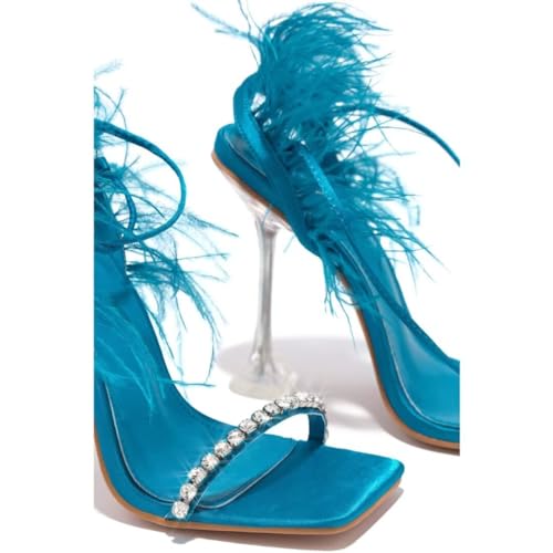 JOEupin Womens Rhinestone Feather Heels Sandals Strappy Lace Up Sexy Stiletto High Heel Party Wedding Dress Shoes3