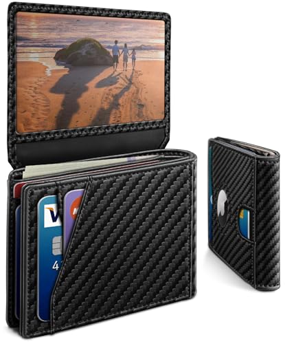 Image of miyozi AirTag Wallet for Men, Slim Leather Bifold with Holder Slot, 2 ID Windows & 13 Card Slots, RFID Blocking Front Pocket Wallet with Gift Box