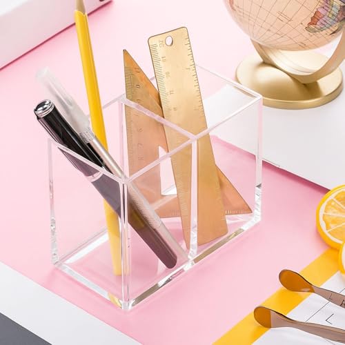 Image of Gejoy Acrylic Pencil Pen Holder Clear Makeup Brush Organizer 2 Compartments for Desktop Stationery Office Bedroom