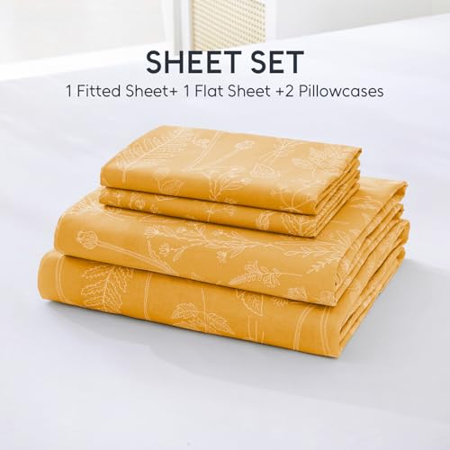 Image of 100% Natural Cotton Percale Sheets Set,Queen Size 4 PC, Breathable&Durable Hotel Quality Bedding, 16 inch Deep Pocket Botanical Floral Bedsheets,Yellow