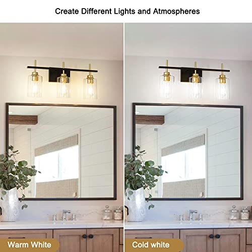 Dsmjfu 3-Light Bathroom Light Fixture, Modern Bathroom Vanity Lights Over Mirror, Black And Gold Wall Sconce With Thicker Glass Shade For Mirror Bedroom Living Room Hallway Cabinet Porch 22.8" Length #TOP3