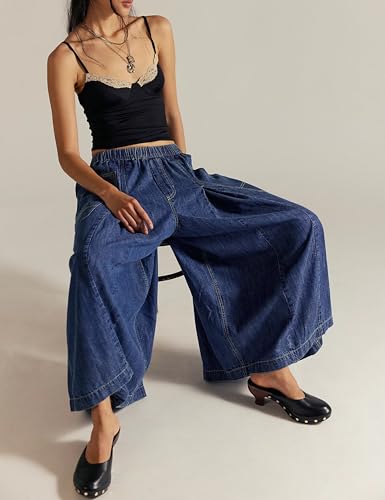 Gozoloma Women's Oversized Lightweight Wide Leg Waistband Flowy Denim Pants with Pockets4