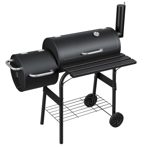 Monucep Holzkohle Smoker Grill BBQ mit 2 Kammern, Grillwagen mit Thermometer, Smoker Grill für indirektes Grillen & Räuchern, fahrbarer Garten Grill mit Ablagen, Schwarz