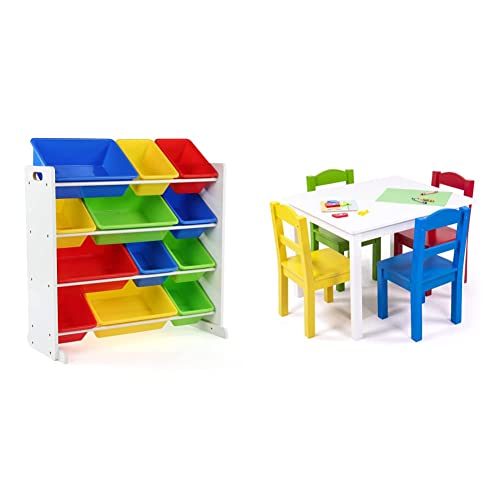 Humble Crew, White/Primary Kids Wood Table And 4 Chairs Set &, White/Primary Kids' Toy Storage Organizer With 12 Plastic Bins #TOP18