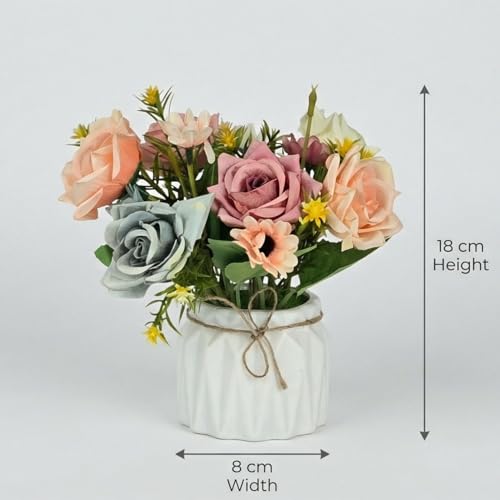 Image of Dekorly Artificial Lavender Plant in White Pot, 18cm - Realistic Faux Flower Arrangement for Home & Office Decor (Set of 1) (1, Rose)
