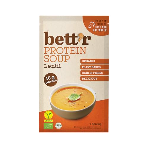 Bett’r BIO Sopa de Proteína con Lentejas Rojas - 100% Orgánica, Vegana, sin Gluten, sin Colorantes ni Aromas Artificiales - 16 x 30 g