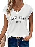 Avanova Women New York Cap Sleeve Top V Neck T Shirt Loose Casual Summer Tee White NY X-Large