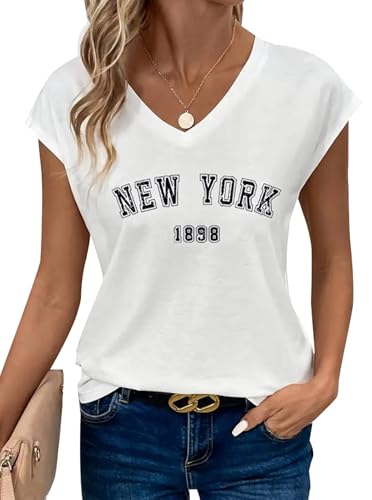 Avanova Women New York Graphic Cap Sleeve V Neck T Shirt Loose Casual Summer Tee
