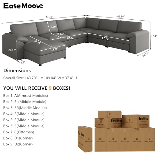 Image of EASE MOOSE Large Faux Leather Sectional with Ottoman, Oversized Modular Couch, Modular Sectional Sofa with Deep Seat, Scratch Resistant Faux Leather Material, U Shaped Couch for Big Spaces, Grey