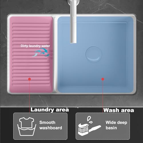 Ceramic Laundry Sink with Washboard - Undermount Bathroom Vessel Sink, Lavatory Vanity Sink with Overflow, Complete Set with Faucet & Drain, Perfect for Home Bathroom Use