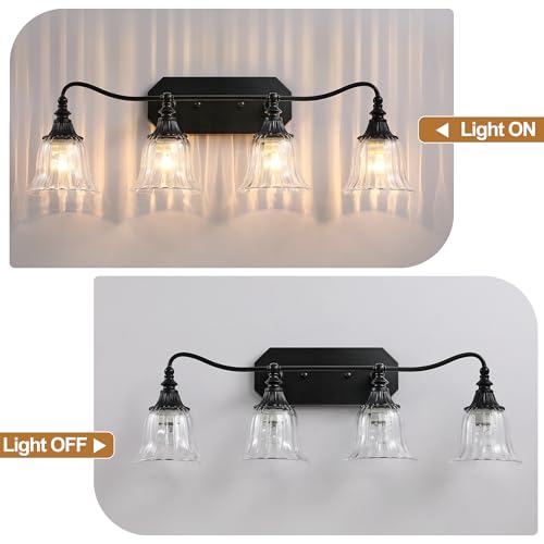 Image of LmnLvn 4-Light Bathroom Vanity Light, Matte Black with Crystal Glass Shade