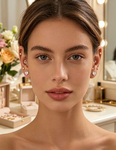 Image of 5 Pairs 14K Gold Plated Stud Earrings for Women, Hypoallergenic Earring Sets for Multiple Piercing, Premium Cubic Zirconia Studs Earrings for Women