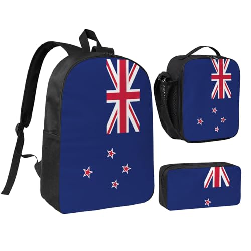 New Zealand Flag print Backpack Bookbag for Daily Use,3 Pcs Backpack Set with Lunch Box and Pencil Case