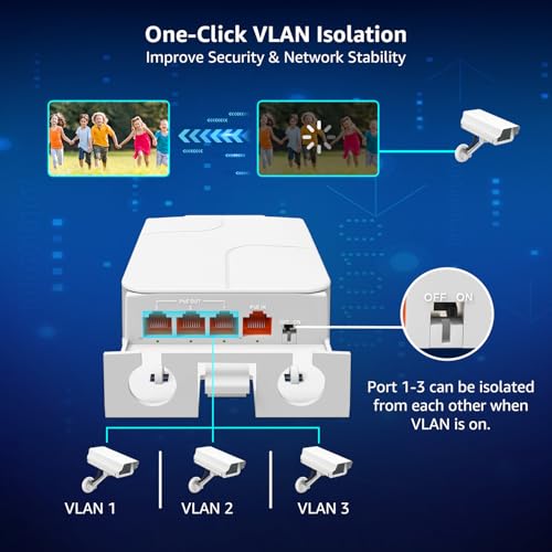 Image of YuanLey Outdoor 2.5 Gigabit PoE Extender 1 in 3 Out, 4 Port 2.5Gbps PoE Repeater IP55 Waterproof, Vlan, Extend Additional 100m(328ft) of Power and Data Transmission, Wall Mount Plug and Play