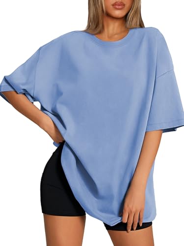 ATHMILE Womens Oversized T Shirts Loose Fit Crewneck Short Sleeve Tops Summer Casual Blouse 2026 Y2K Basic Tee Beach SkyBlue
