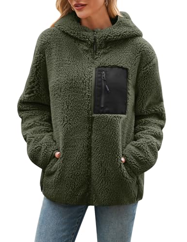 RITOSTA Fleecejacke Damen Winter Teddyjacke mit Kapuze Teddyfleece Kapuzenpullover Warme Herbstjacke Winterjacke Sherpa Damen-Jacken Zipper Hoodie Mantel Outdoor Plüschjacke mit Taschen(Grün,M)