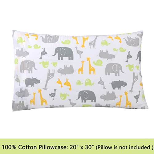 Image of 100 Cotton 3 Piece Toddler Sheet Set, Soft Breathable Crib Bedding Set for Boys Includes a Flat Sheet, a Fitted Sheet, a Pillowcase, Safari Fun Animals Elephant Giraffe Hippo Grey