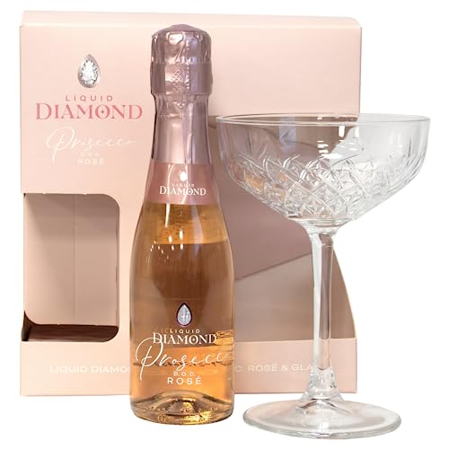 Liquid Diamond Prosecco DOC Rosé 20cl and Wine Glass - Pink Prosecco Gifts for Women, Sparkling Italian Wine, Perfect Prosecco Gift Set for New Mum, Girlfriend, Ladies Gifts, Christmas, Birthday