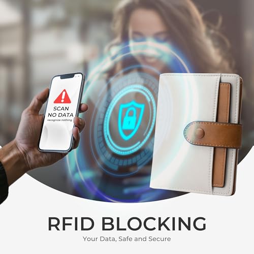 Alldaily Small RFID Blocking Leather Wallet for Women, Bifold with 10 Card Slots and Zipper Pocket (White&Brown)3