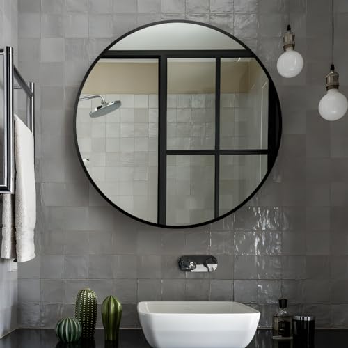 34inch Bathroom Round Mirror,Wall Mounted Vanity Mirror,Steel Frame,Black,Steel Frame - Image 3