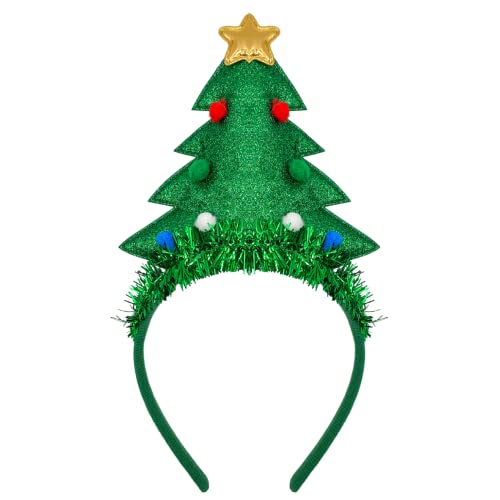 Needzo Christmas Tree Headband with Tinsel Sparkly Festive Holiday Party Accessory Stocking Stuffer or Gift One Size Fits Most