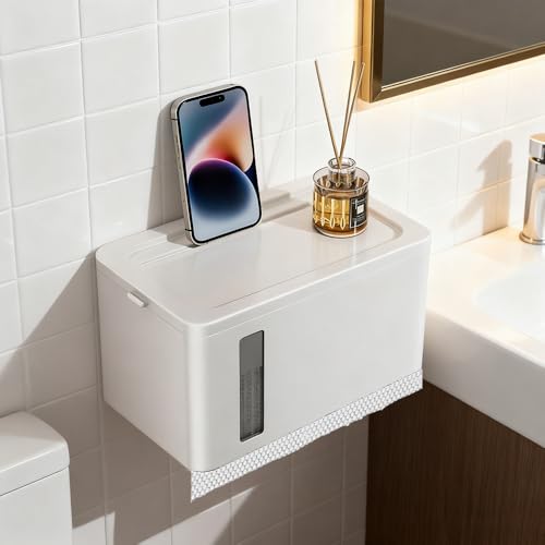 Tissue Holder Free from Punching Plastic Tissue Box Wall Mounted Tissue Dispenser Holder for Kitchen Bathroom Countertop Black/White (White)
