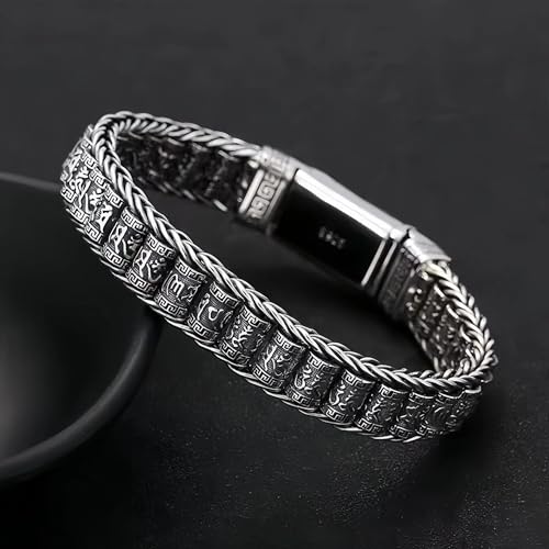 Sterling Silver Six Words Mantra Bracelet - Buddhist Om Symbol & Greek Key Design, Engraved Braided Chain for Men/Women, Antique Finish Meditation Jewelry Gift with Secure Clasp2
