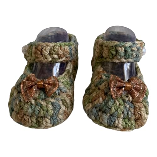 Handmade Crochet Baby Mary Jane Shoes, Cotton Knit Booties with Bow, Camo Green and Brown2