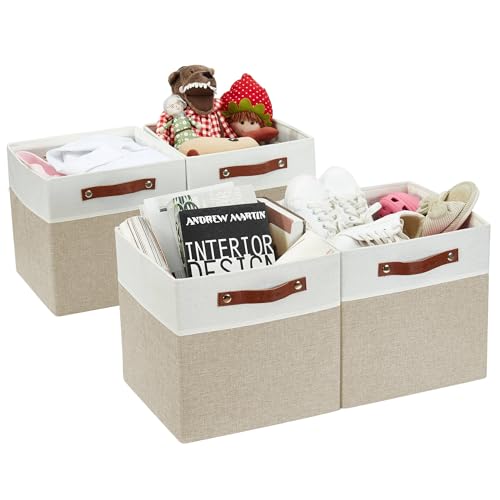 Image of DECOMOMO Fabric Cube Storage Bins - Storage Baskets for Shelves, Cube Storage Organizer for Kallax and Cubbies (Beige & White, 11 inch Cube) - 4 Pack