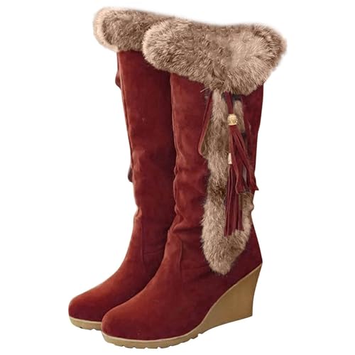 Women's Winter Warm Outdoor Mid Calf Boots High Heels Wedge Snow Bootie Faux Fur Comfortable Knee High Fuzzy Boots